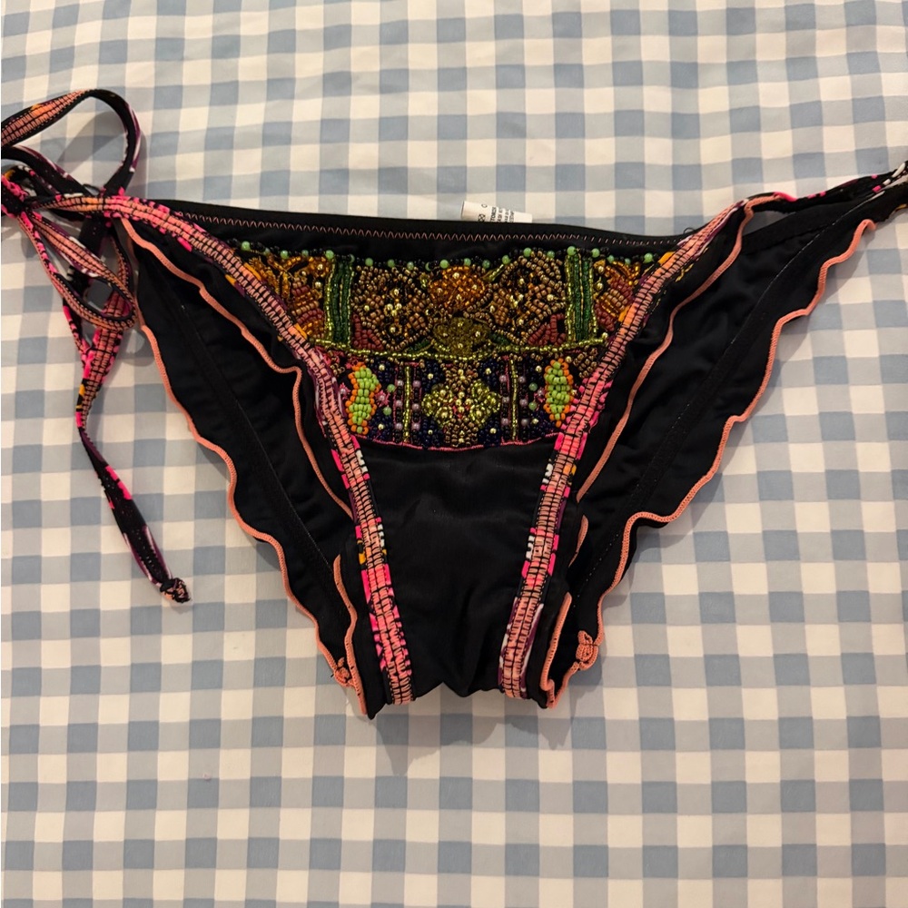 Agua Bendita Black Bikini Bottom with Multicolor Bead Accents